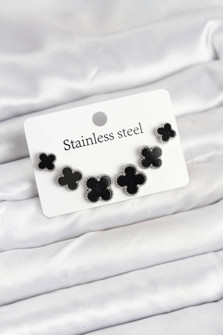 316l Steel Silver Black Color 3 Size Clover Earrings Set - Brand: Ebijuteri - Women & Kids, Baby Clothes Wholesale - Globality Store
