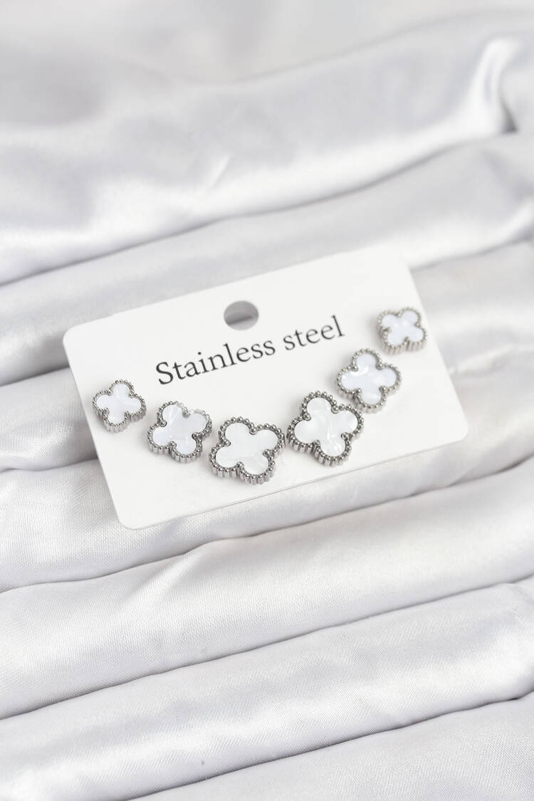 316l Steel Silver White Color 3 Size Clover Earrings Set - Brand: Ebijuteri - Women & Kids, Baby Clothes Wholesale - Globality Store