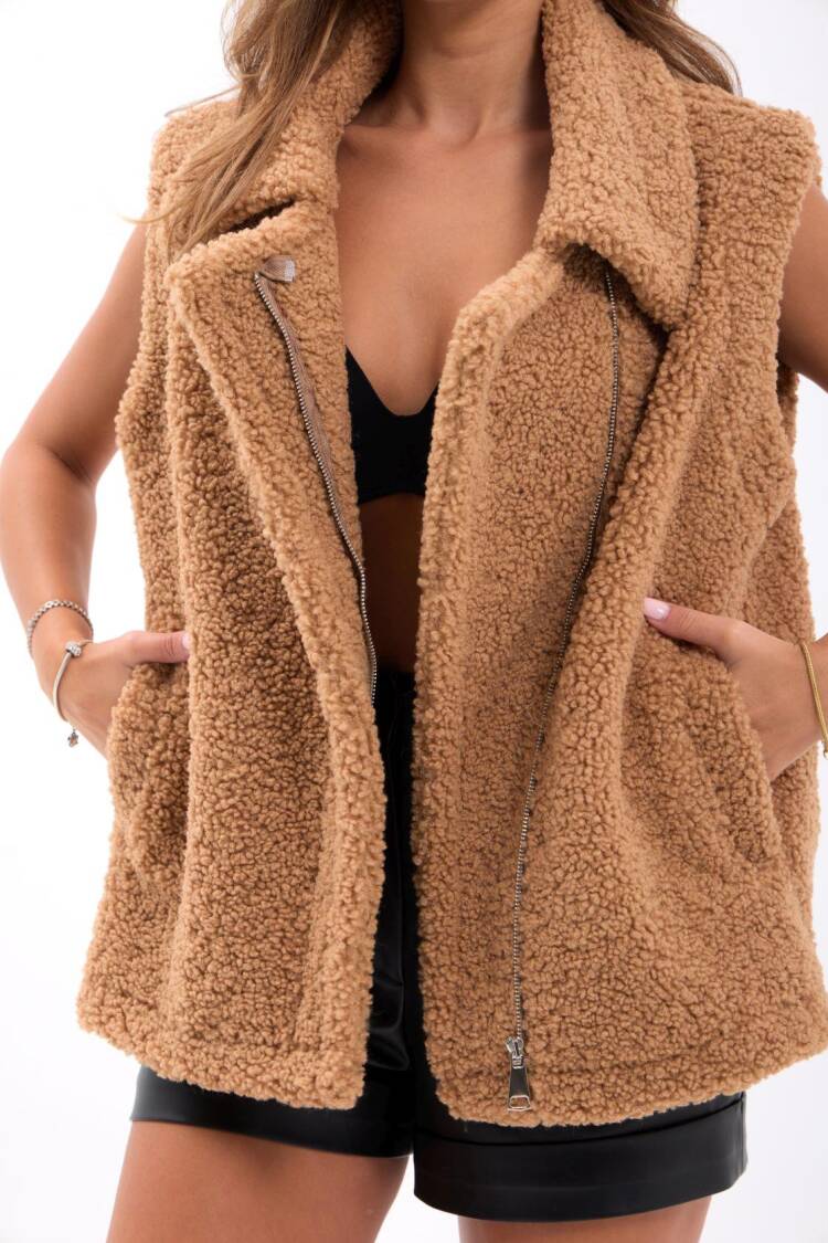 Brown Oversized Casual Zip-Up Vest