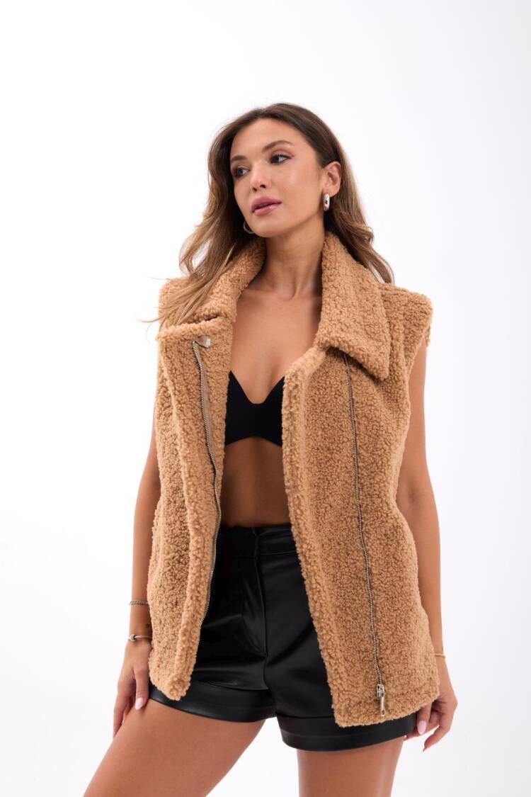 Brown Oversized Casual Zip-Up Vest
