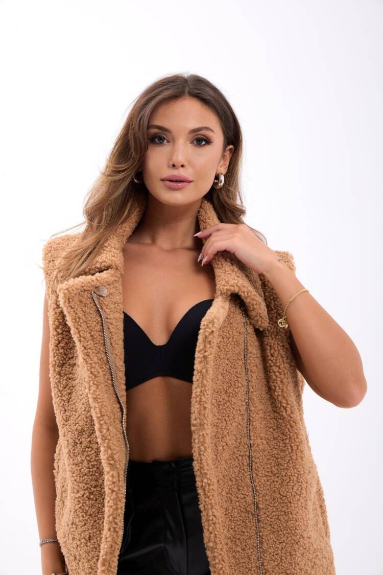 Brown Oversized Casual Zip-Up Vest