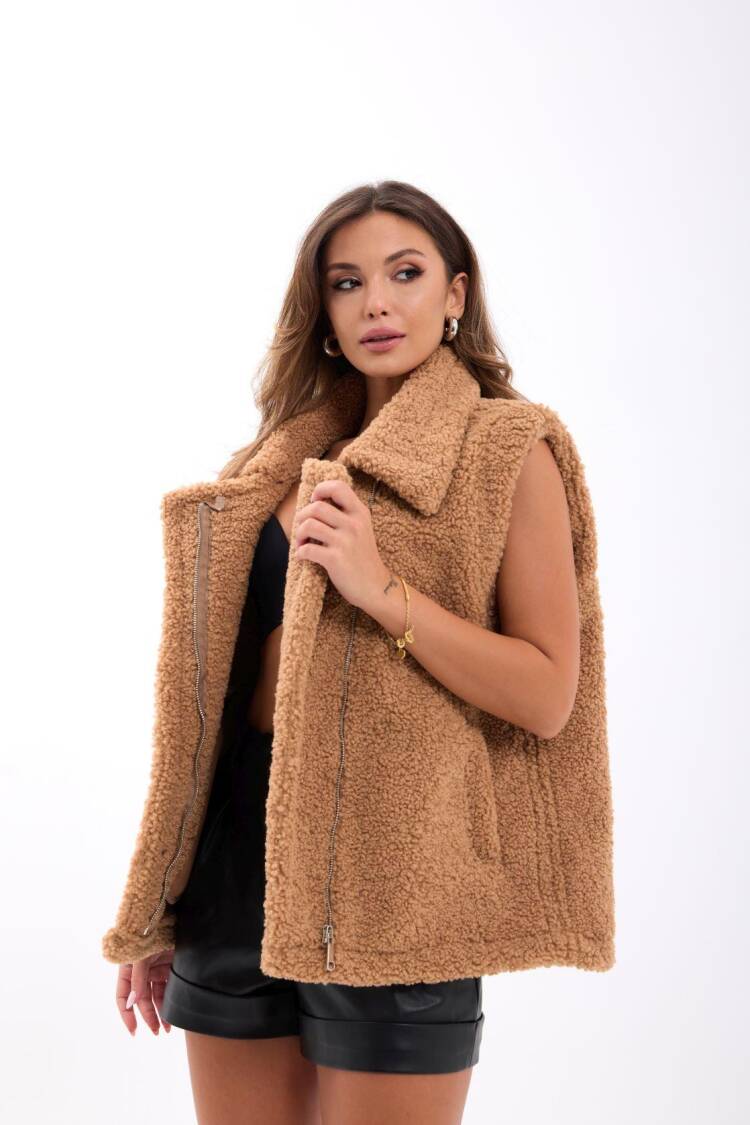 Brown Oversized Casual Zip-Up Vest - Brand: Fame - Women & Kids, Baby Clothes Wholesale - Globality Store