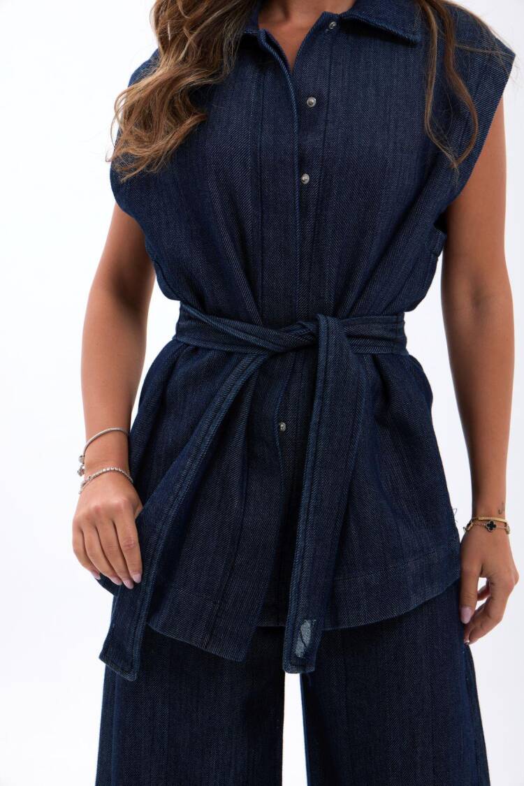 Blue Long Buttoned Vest With Regular Fit