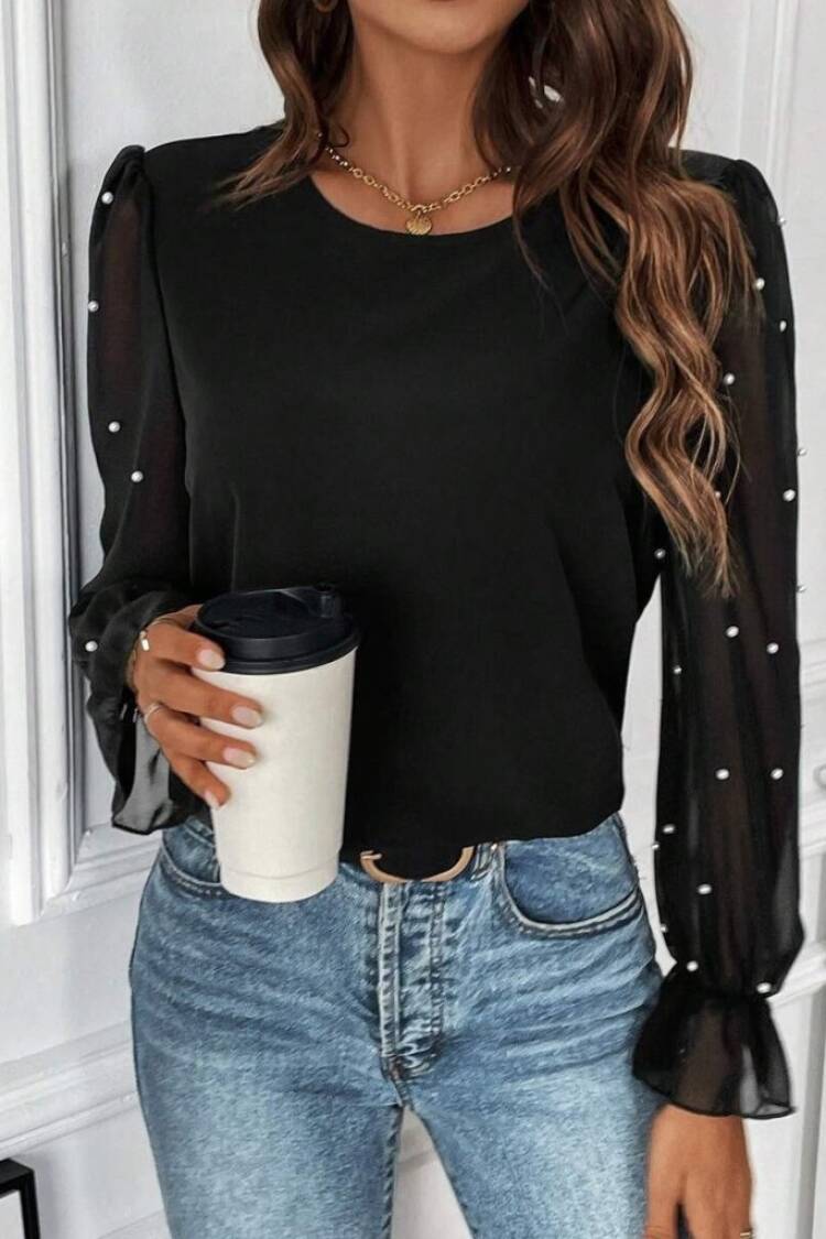Elegant Black Blouse With Ruffle Long Sleeves