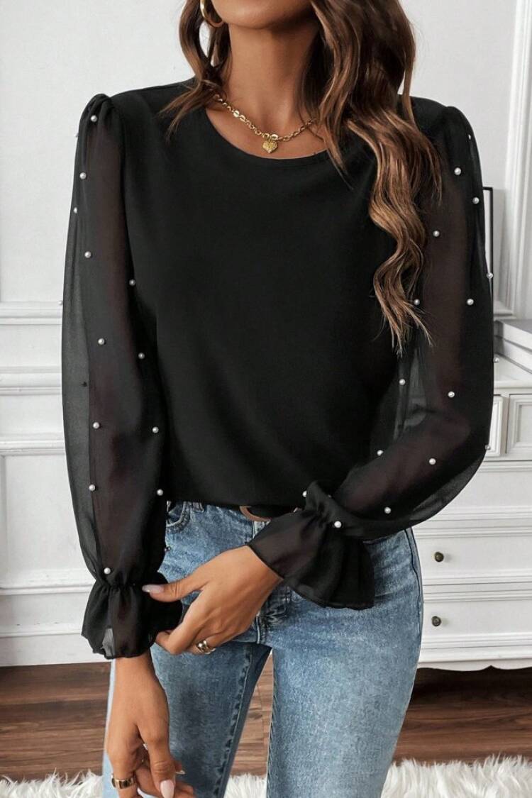 Elegant Black Blouse With Ruffle Long Sleeves