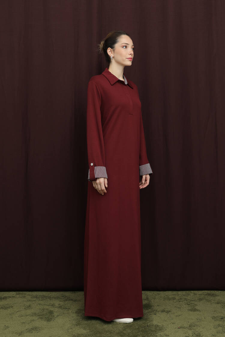 Claret Red Modest Shirt Dress With Polo Neck