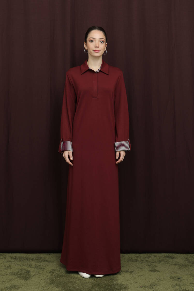 Claret Red Modest Shirt Dress With Polo Neck