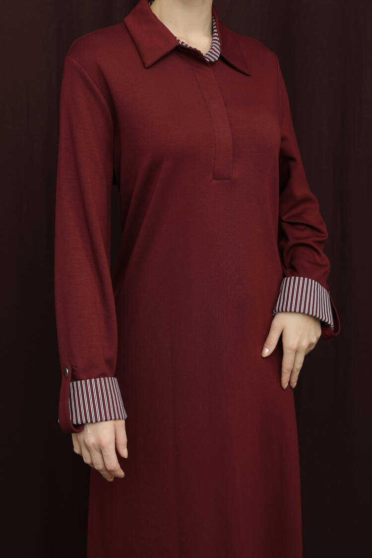 Claret Red Modest Shirt Dress With Polo Neck