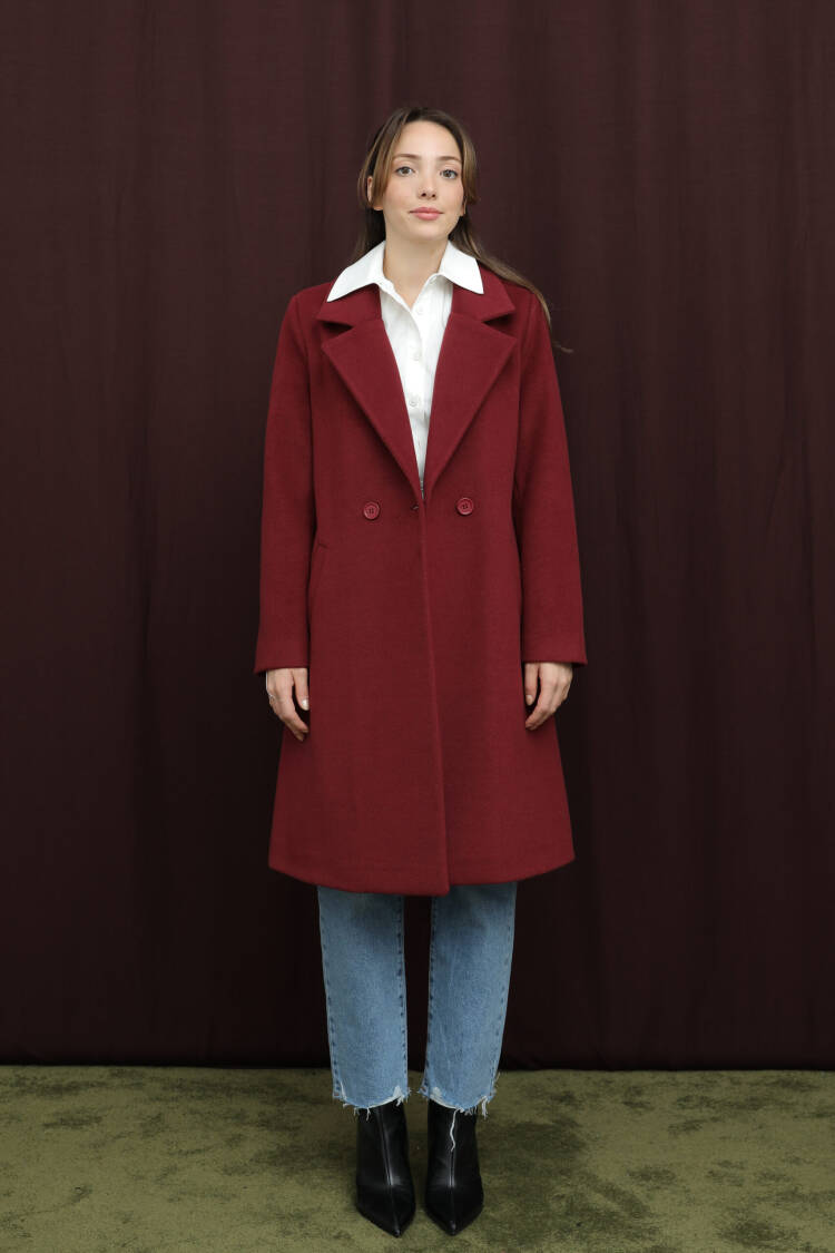 Claret Red Single-Breasted Long Coat