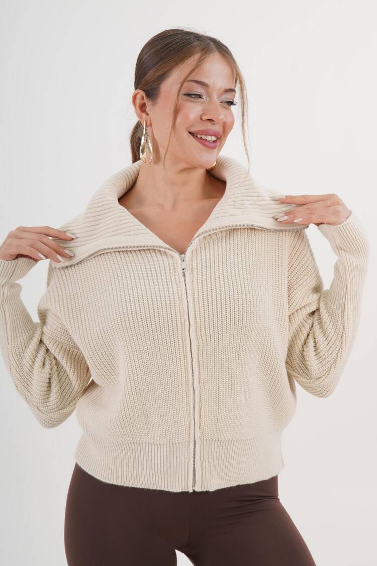 Beige Cardigan Casual Elegant Streetwear Zip-Up