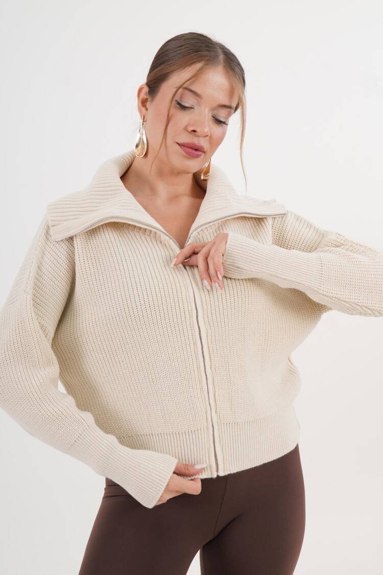 Beige Cardigan Casual Elegant Streetwear Zip-Up