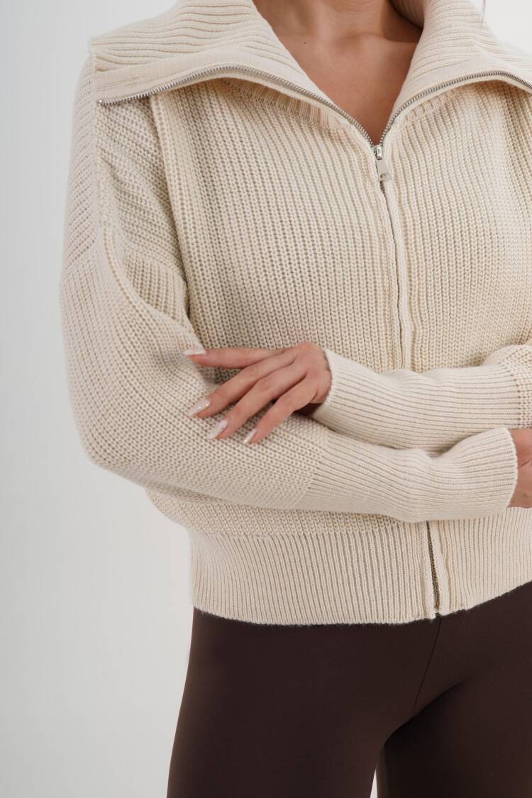 Beige Cardigan Casual Elegant Streetwear Zip-Up