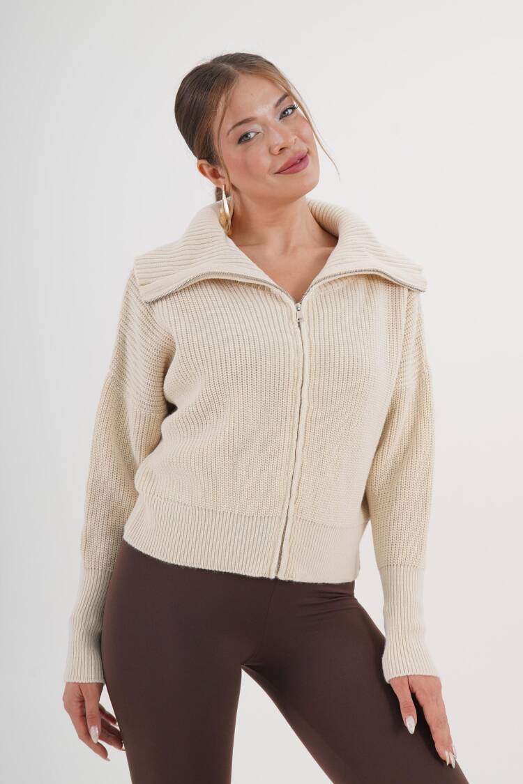Beige Cardigan Casual Elegant Streetwear Zip-Up