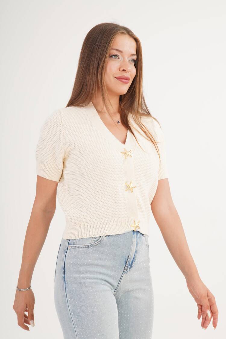 Beige Cardigan With V-Neck And Buttoned Closure