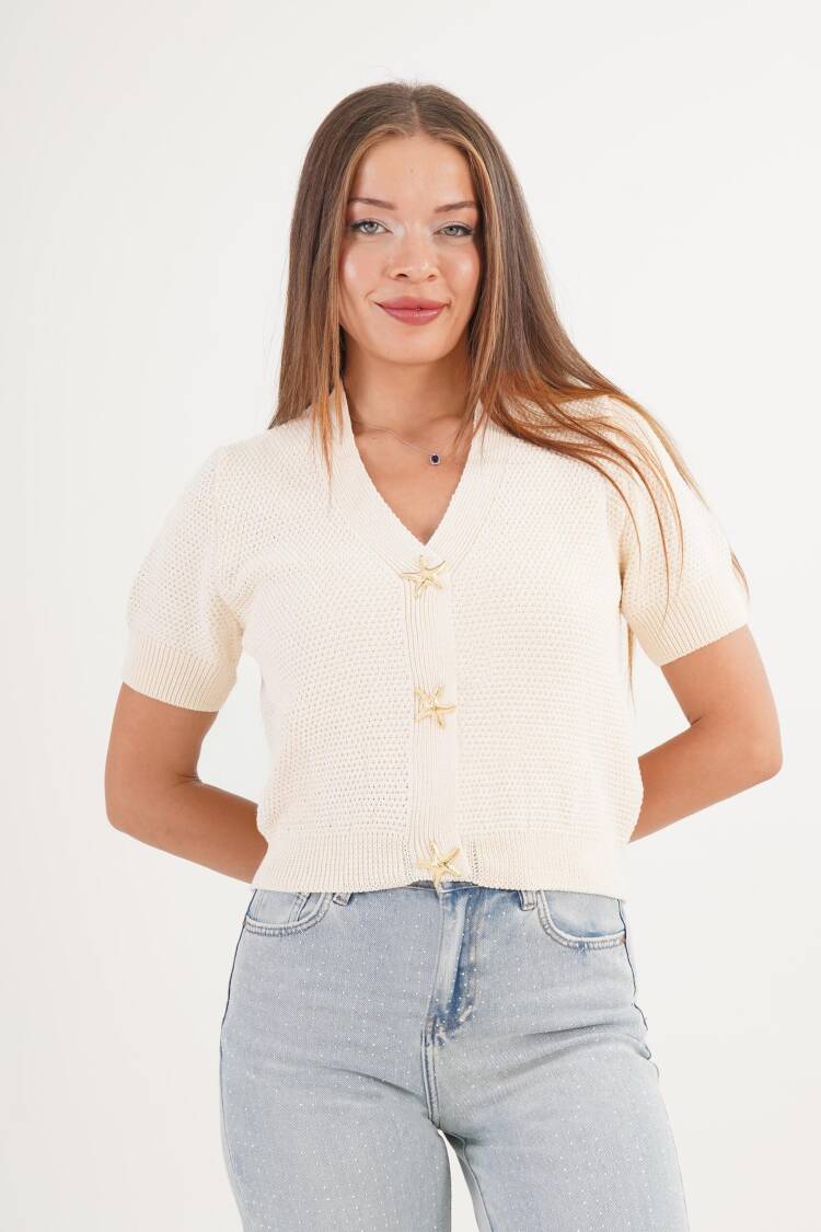 Beige Cardigan With V-Neck And Buttoned Closure