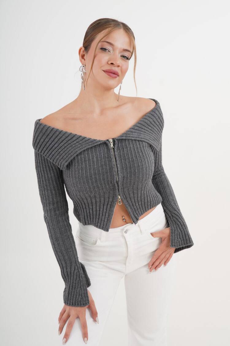 Grey Striped Slim Fit Zip Up Crop Cardigan