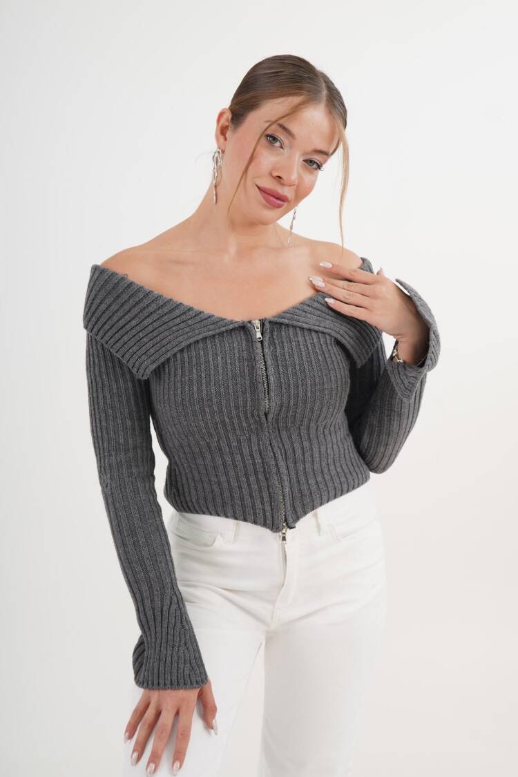 Grey Striped Slim Fit Zip Up Crop Cardigan