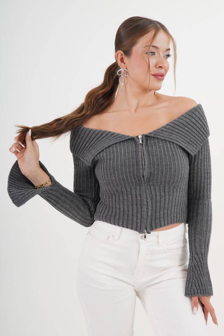Grey Striped Slim Fit Zip Up Crop Cardigan