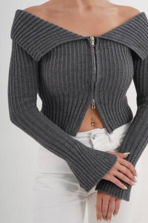 Grey Striped Slim Fit Zip Up Crop Cardigan - Brand: Lustrin - Women & Kids, Baby Clothes Wholesale - Globality Store