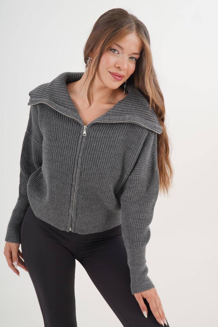 Grey Cardigan With Hooded Neck And Zip Up Closure - Brand: Lustrin - Women & Kids, Baby Clothes Wholesale - Globality Store