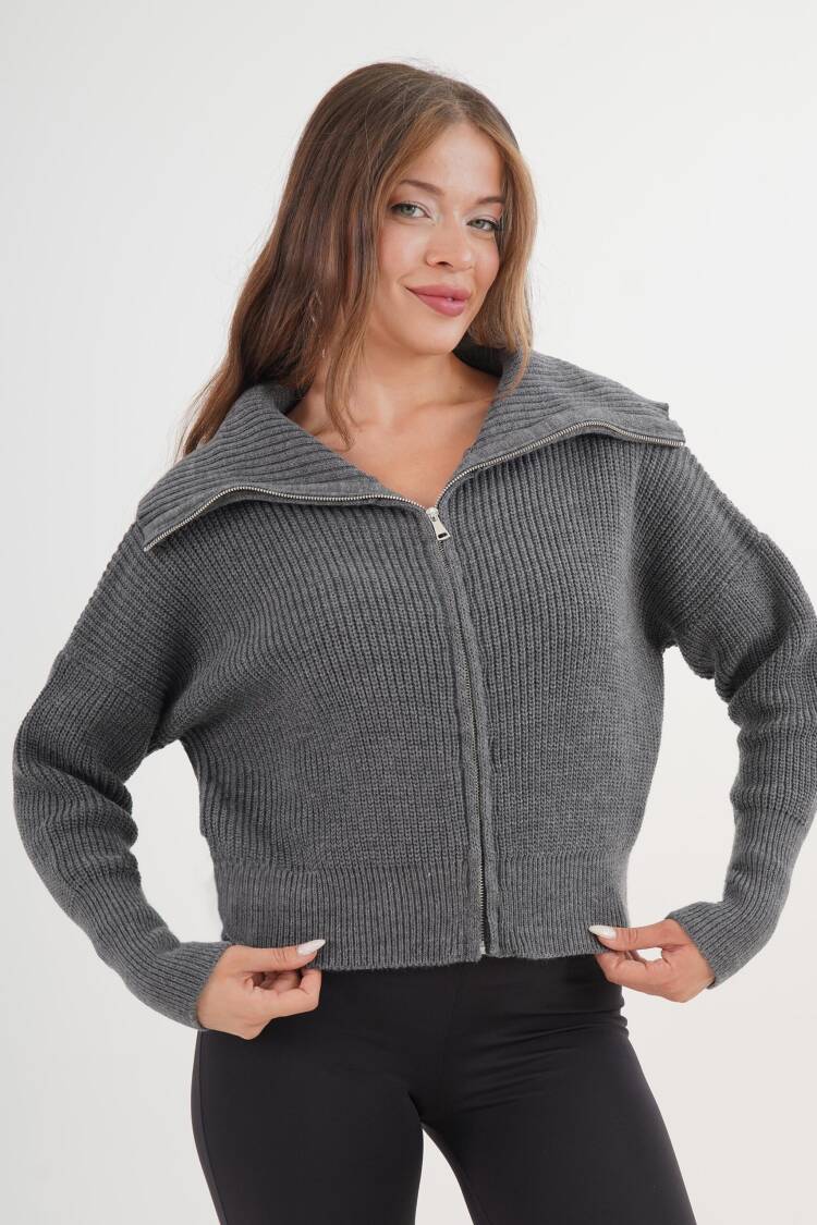 Grey Cardigan With Hooded Neck And Zip Up Closure