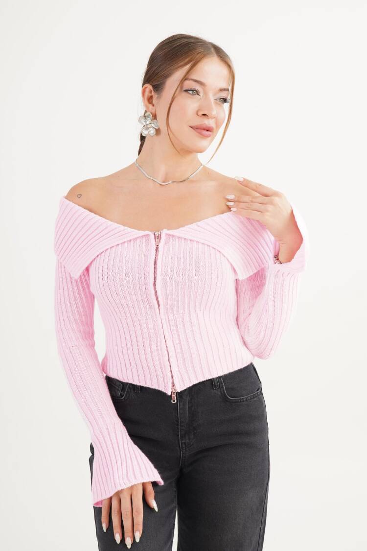 Slim Fit Bell Sleeve Zip-Up Cardigan