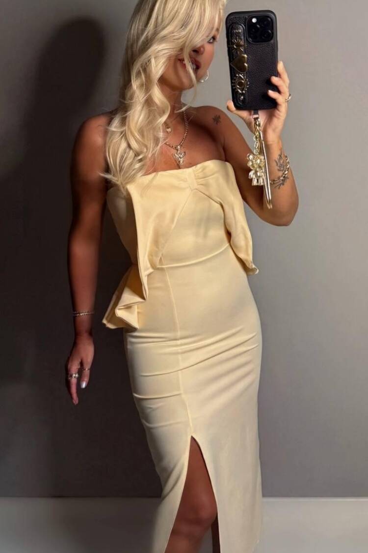 Beige Strapless Bodycon Midi Dress