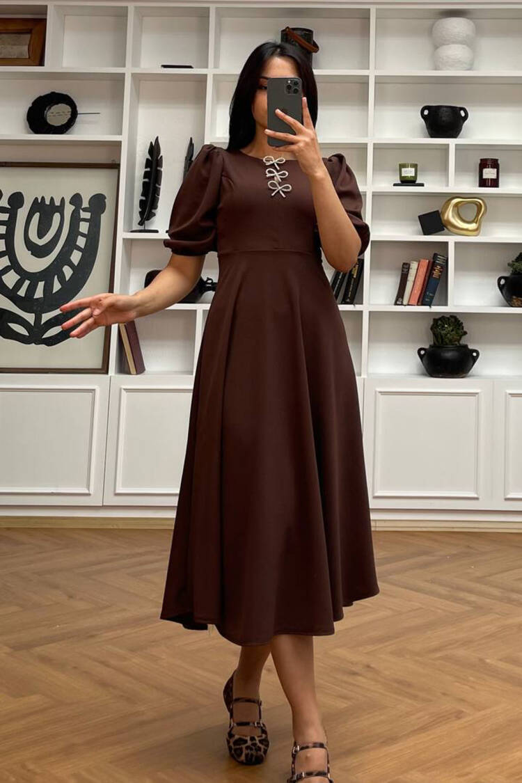 Fit And Flare Midi Dress With Puff Half Sleeves