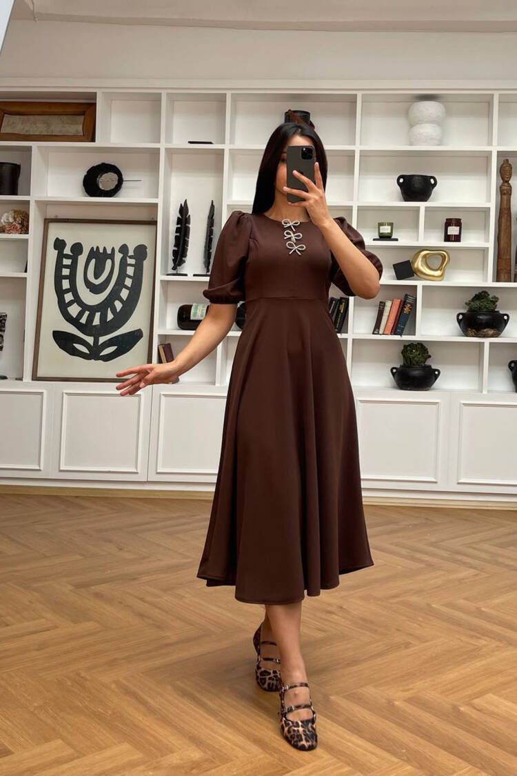 Fit And Flare Midi Dress With Puff Half Sleeves