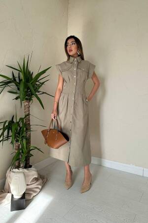 Khaki Sleeveless Polo Neck Midi Shirt Dress - Brand: Elisa - Women & Kids, Baby Clothes Wholesale - Globality Store