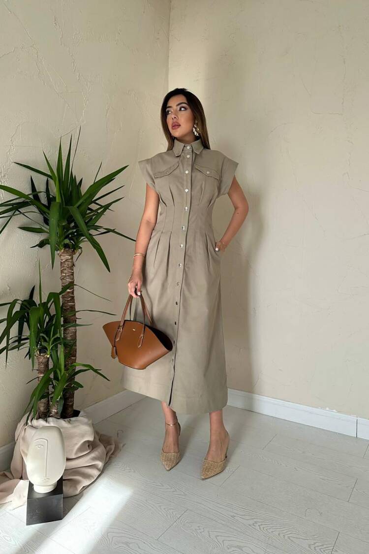 Khaki Sleeveless Polo Neck Midi Shirt Dress - Brand: Elisa - Women & Kids, Baby Clothes Wholesale - Globality Store