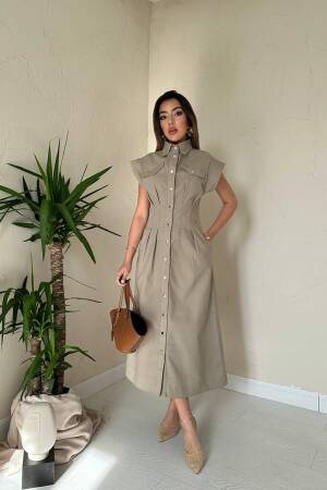 Khaki Sleeveless Polo Neck Midi Shirt Dress - Brand: Elisa - Women & Kids, Baby Clothes Wholesale - Globality Store
