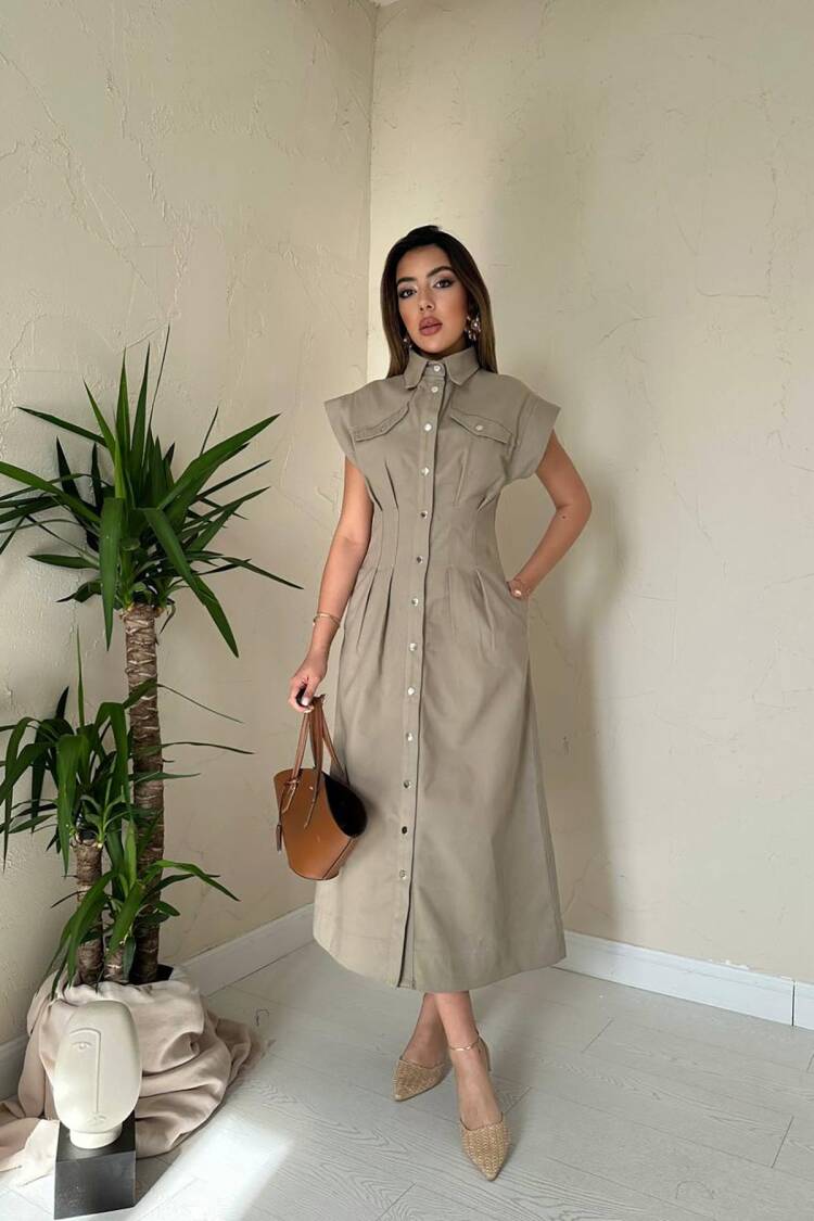 Khaki Sleeveless Polo Neck Midi Shirt Dress
