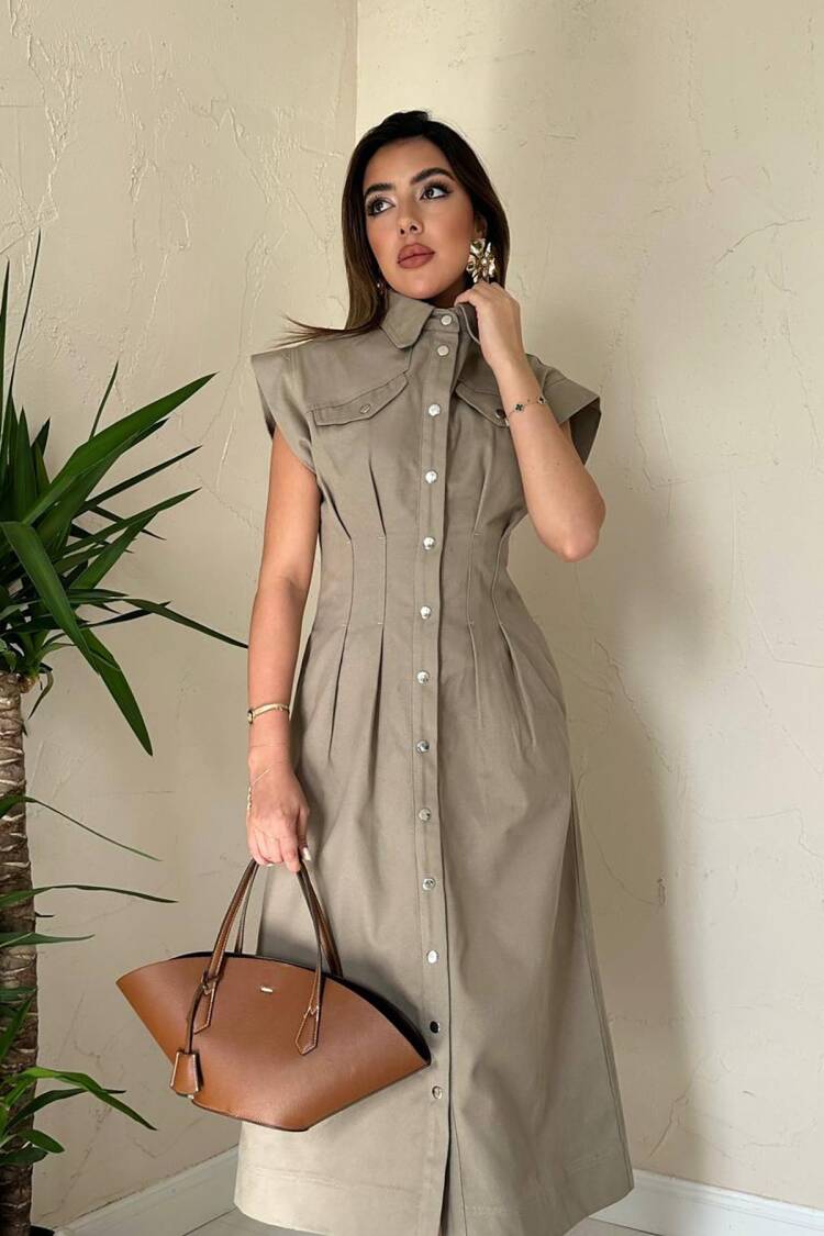 Khaki Sleeveless Polo Neck Midi Shirt Dress