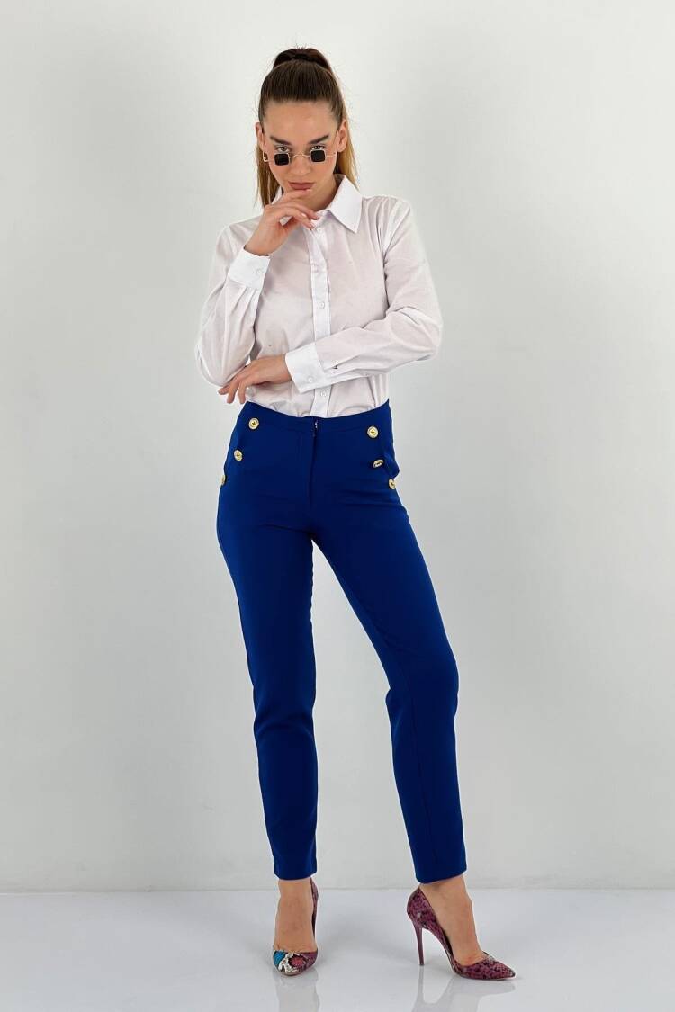 Blue High Waist Cigarette Pants With Flap Pockets - Brand: MISS POEM - Women & Kids, Baby Clothes Wholesale - Globality Store