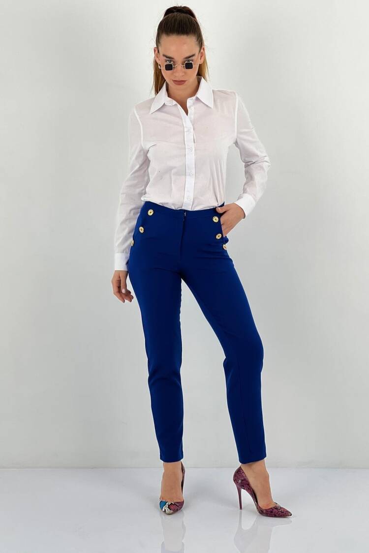 Blue High Waist Cigarette Pants With Flap Pockets