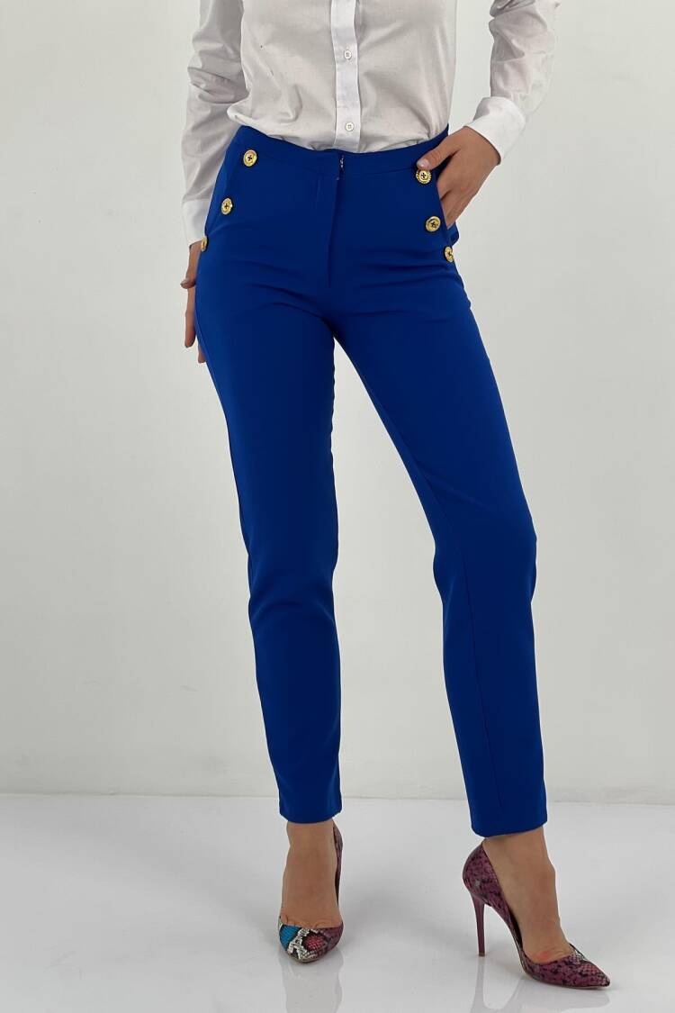 Blue High Waist Cigarette Pants With Flap Pockets