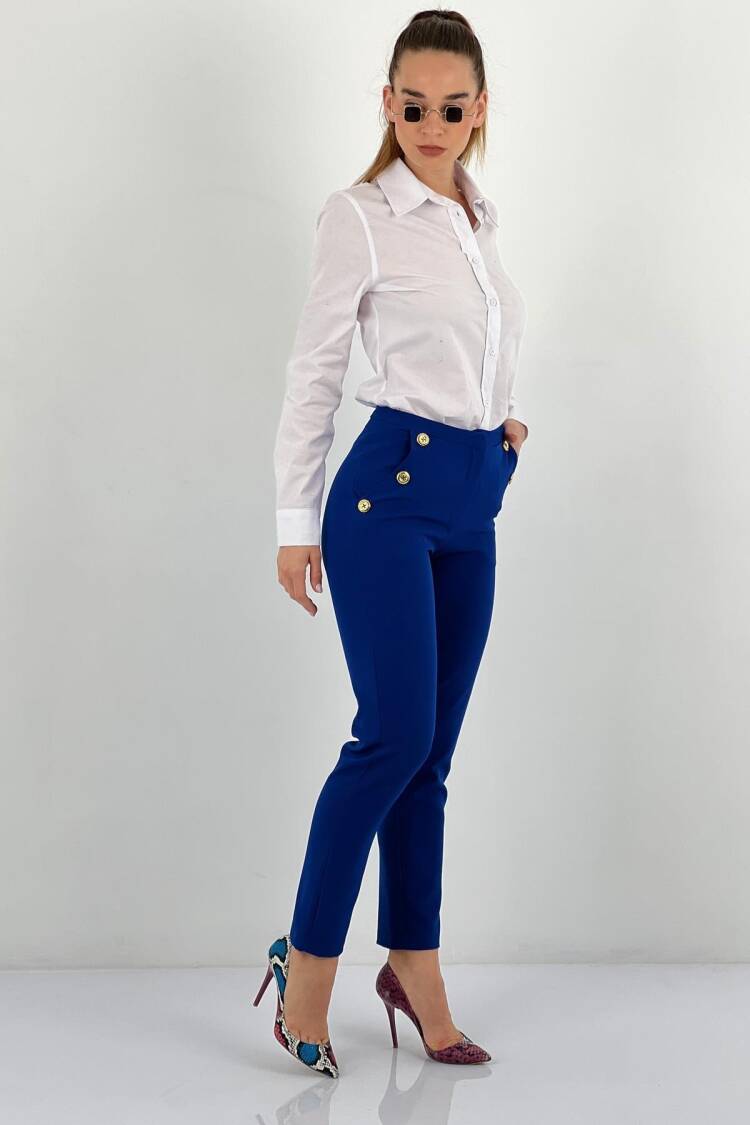 Blue High Waist Cigarette Pants With Flap Pockets
