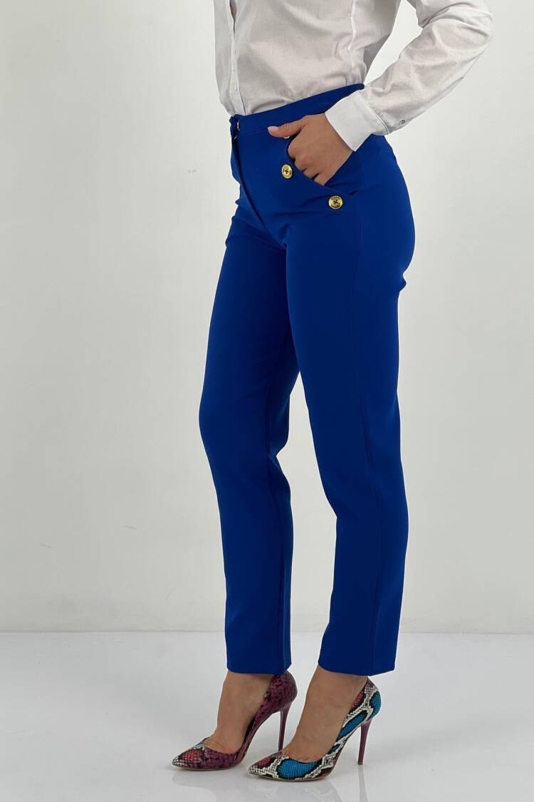 Blue High Waist Cigarette Pants With Flap Pockets
