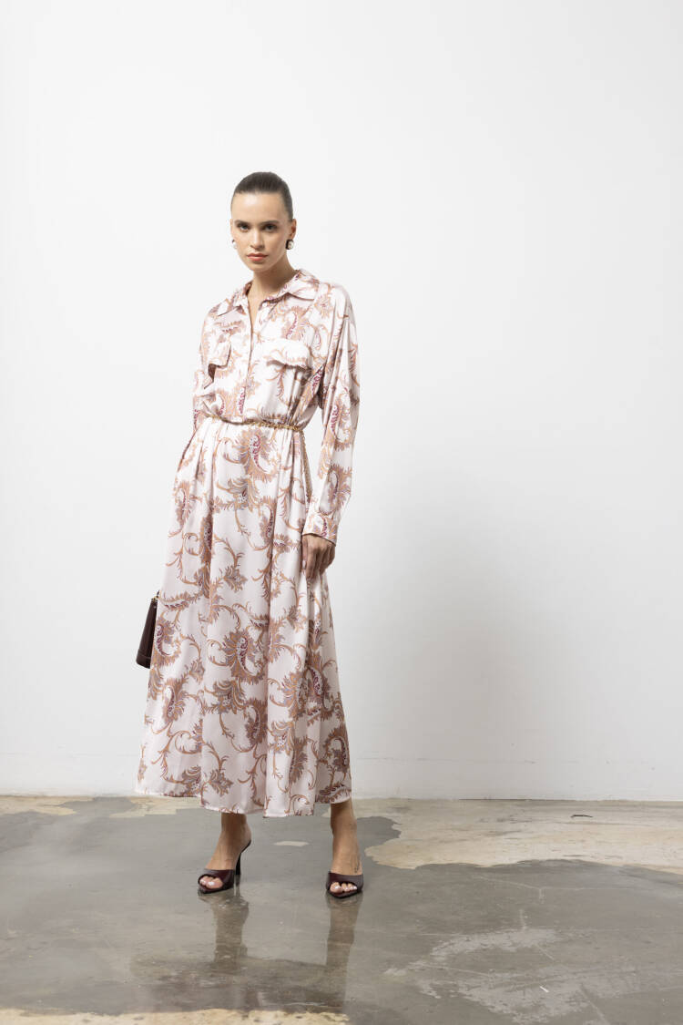 Beige Dress - Elegant Maxi Paisley Shirt For Work & Party - Brand: Cream Rouge - Women & Kids, Baby Clothes Wholesale - Globality Store