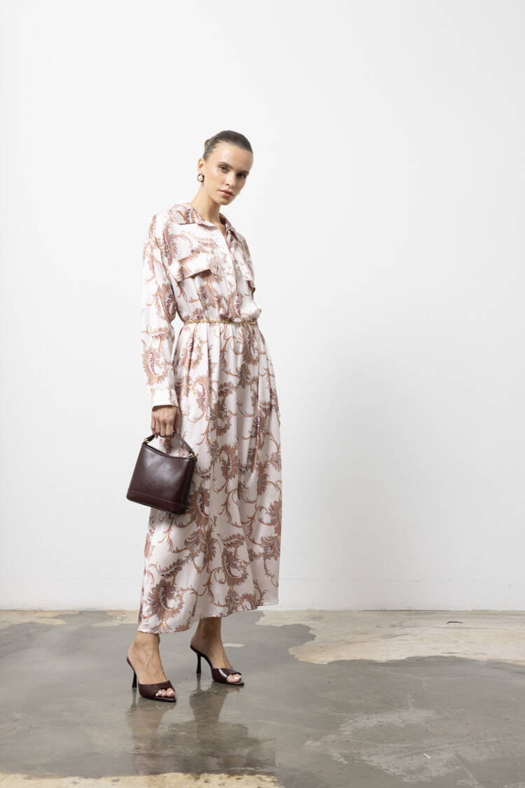 Beige Dress - Elegant Maxi Paisley Shirt For Work & Party
