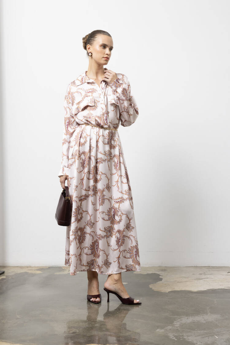 Beige Dress - Elegant Maxi Paisley Shirt For Work & Party