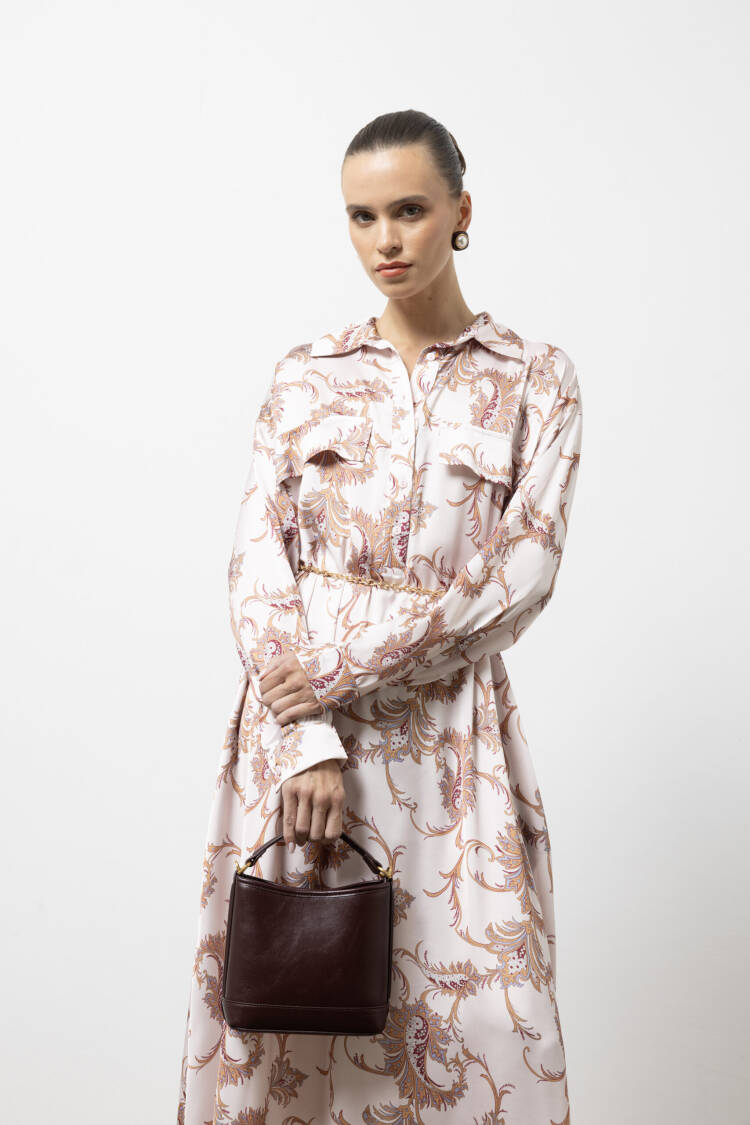 Beige Dress - Elegant Maxi Paisley Shirt For Work & Party