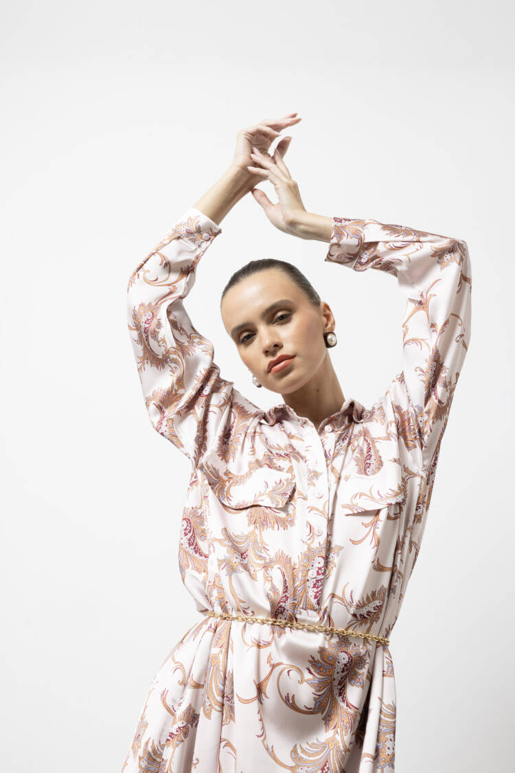Beige Dress - Elegant Maxi Paisley Shirt For Work & Party