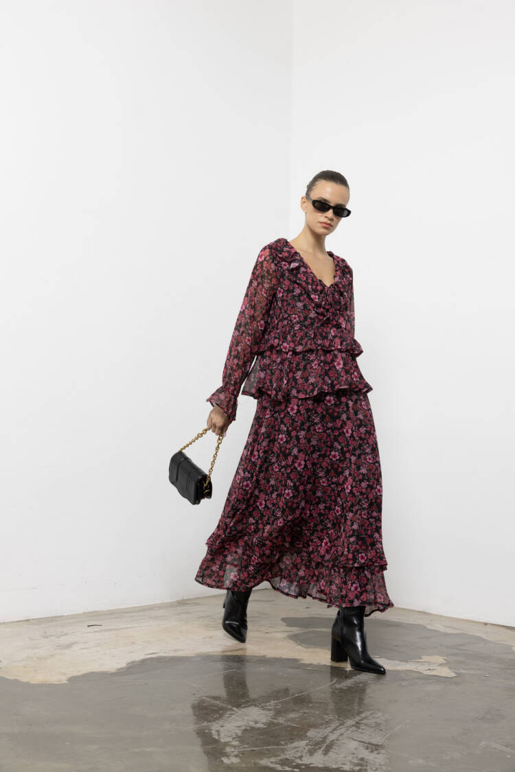 Black Elegant Floral Maxi A-Line Dress V-Neck Long Sleeve - Brand: Cream Rouge - Women & Kids, Baby Clothes Wholesale - Globality Store