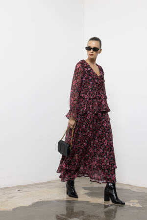 Black Elegant Floral Maxi A-Line Dress V-Neck Long Sleeve - Brand: Cream Rouge - Women & Kids, Baby Clothes Wholesale - Globality Store