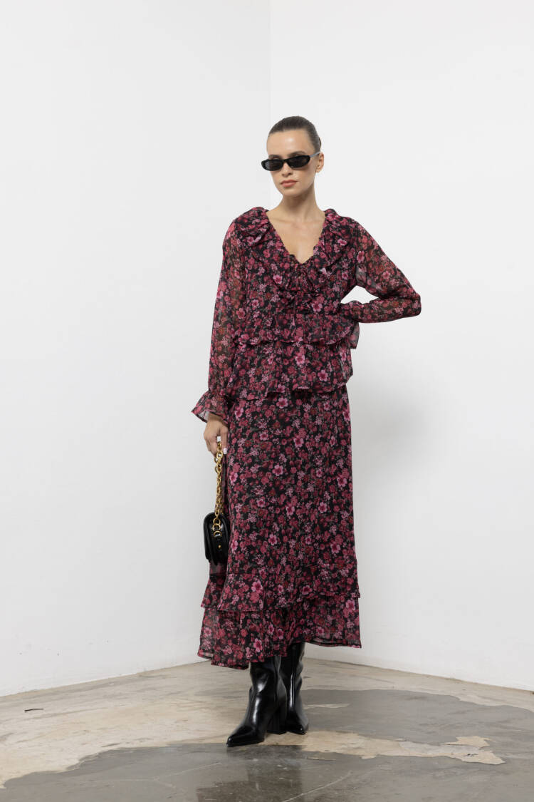 Black Elegant Floral Maxi A-Line Dress V-Neck Long Sleeve