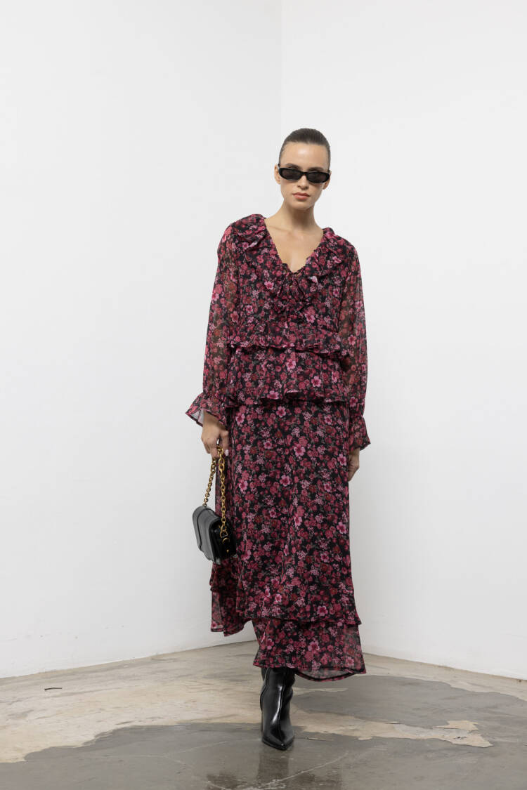 Black Elegant Floral Maxi A-Line Dress V-Neck Long Sleeve