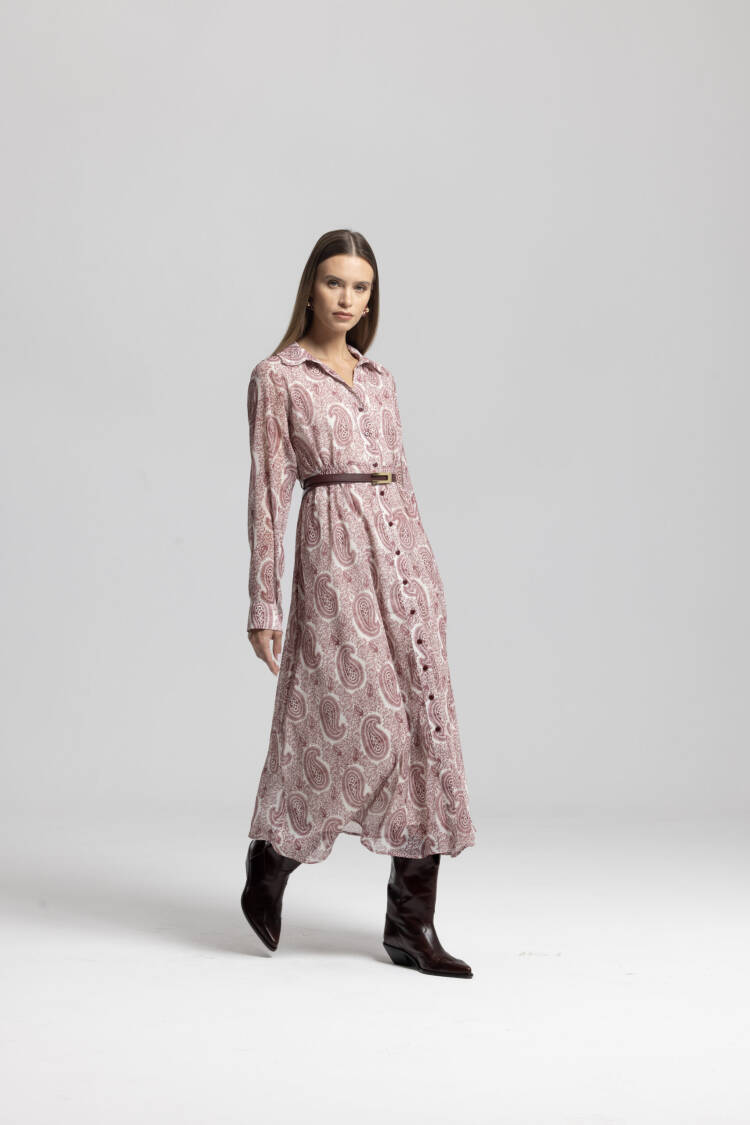 Pink Vintage Paisley Shirt Dress Midi Long Sleeve