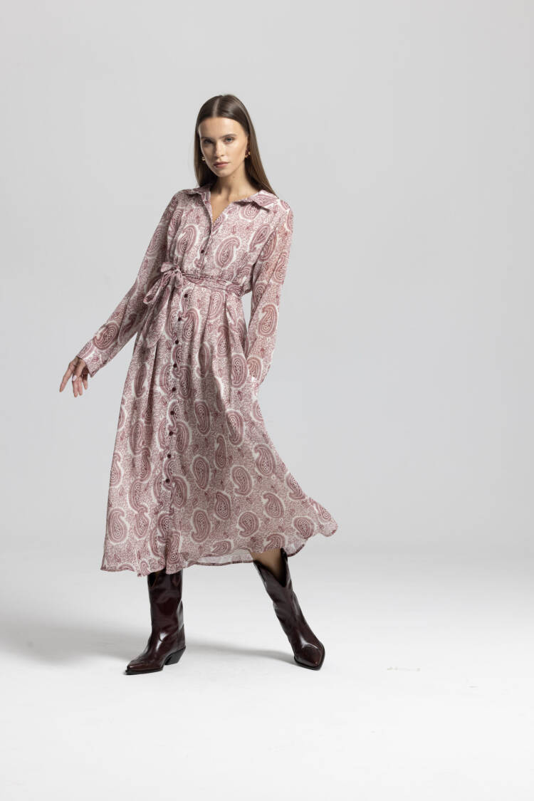 Pink Vintage Paisley Shirt Dress Midi Long Sleeve